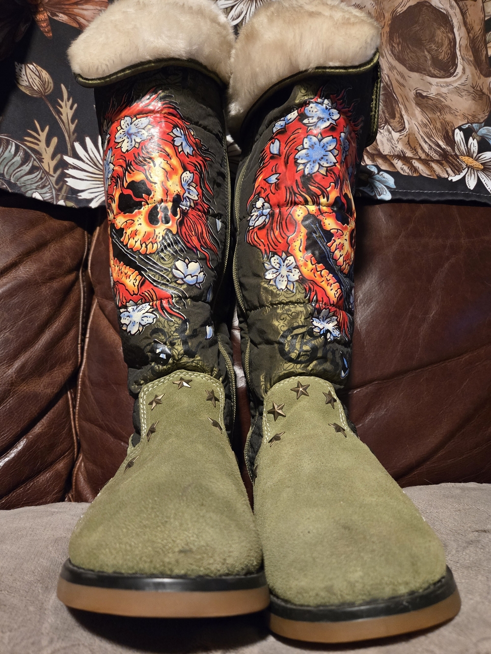 Ed Hardy Olive Green Women's Skull Winter Boots